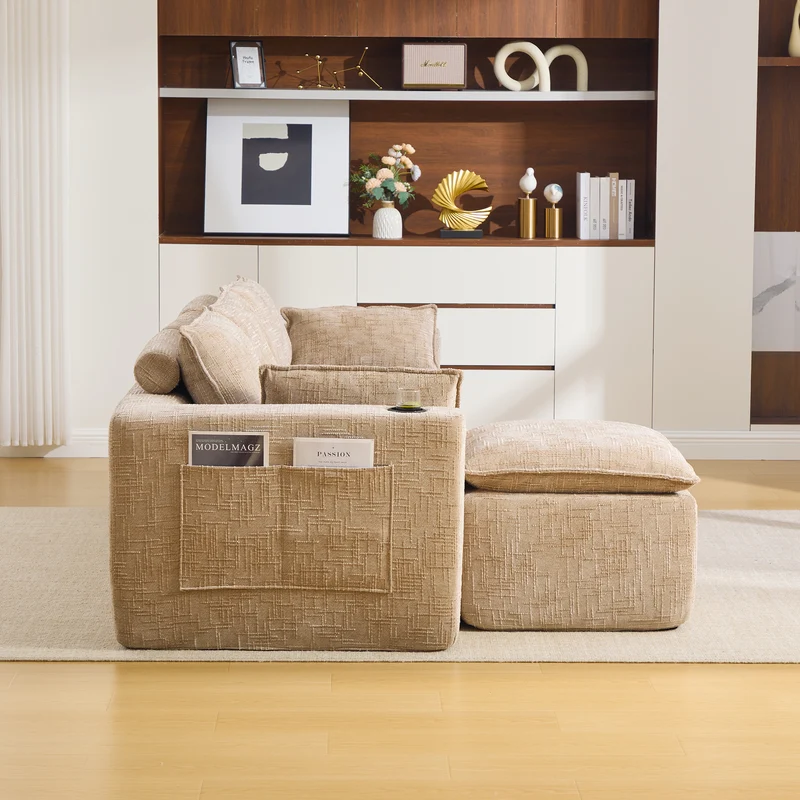 Canapé modulable 3 places avec pouf et coussins tissu chenille kaki, poches latérales et porte-gobelet BENCHPRIME