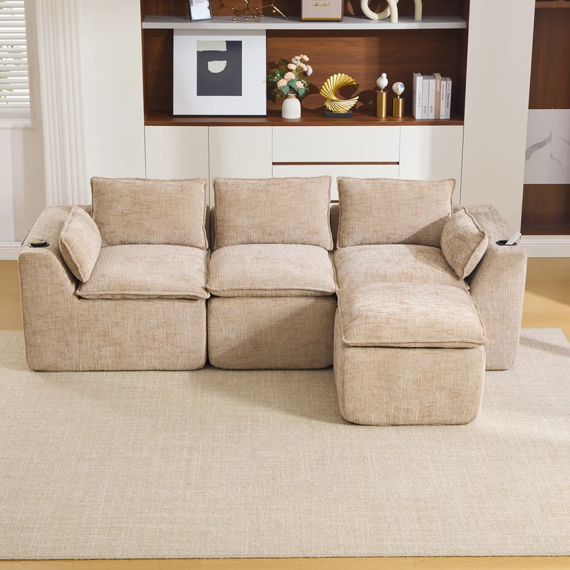 Canapé modulable 3 places avec pouf et coussins tissu chenille kaki, poches latérales et porte-gobelet BENCHPRIME