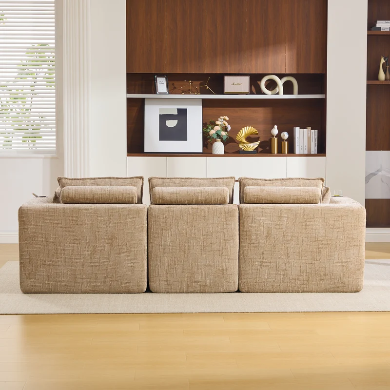Canapé modulable 3 places avec pouf et coussins tissu chenille kaki, poches latérales et porte-gobelet BENCHPRIME