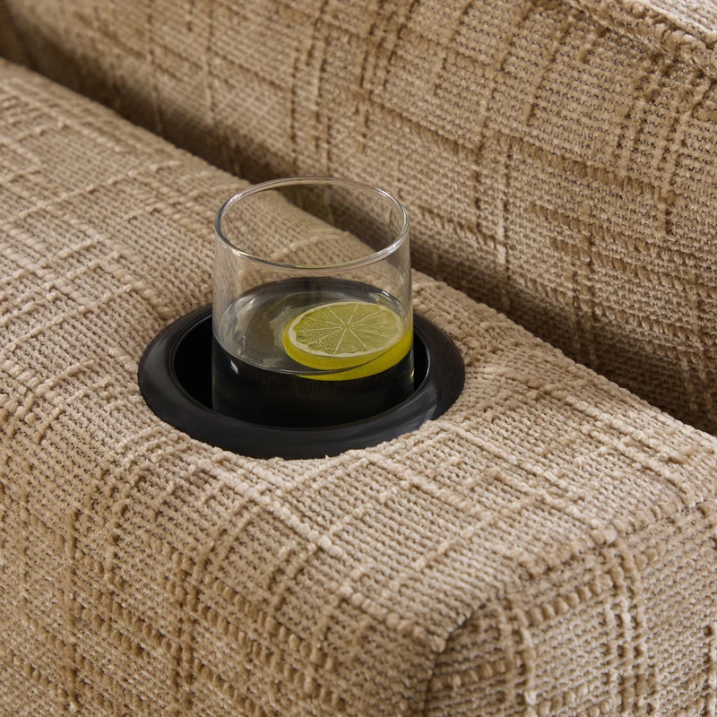 Canapé modulable 3 places avec pouf et coussins tissu chenille kaki, poches latérales et porte-gobelet BENCHPRIME