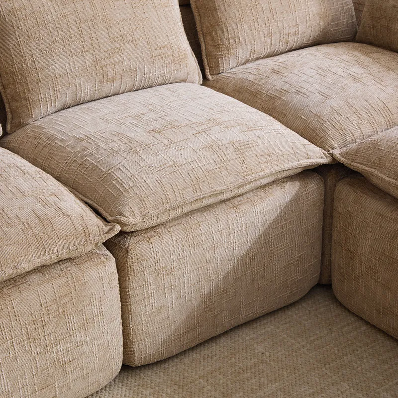 Canapé modulable 3 places avec pouf et coussins tissu chenille kaki, poches latérales et porte-gobelet BENCHPRIME