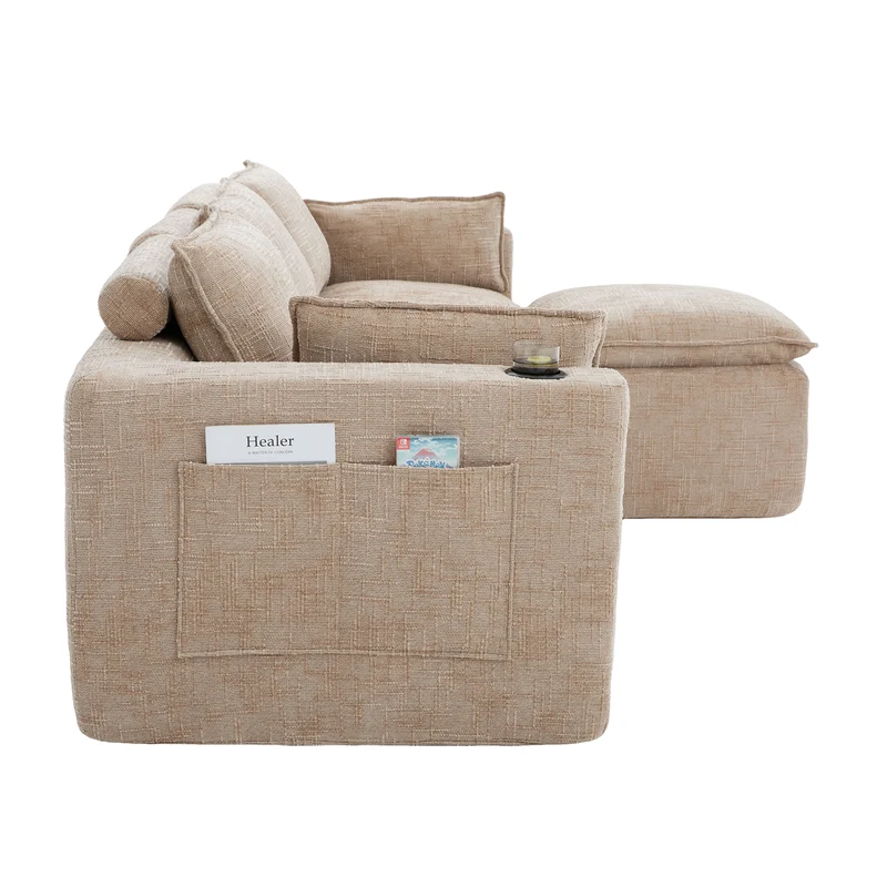 Canapé modulable 3 places avec pouf et coussins tissu chenille kaki, poches latérales et porte-gobelet BENCHPRIME