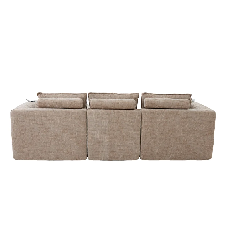 Canapé modulable 3 places avec pouf et coussins tissu chenille kaki, poches latérales et porte-gobelet BENCHPRIME