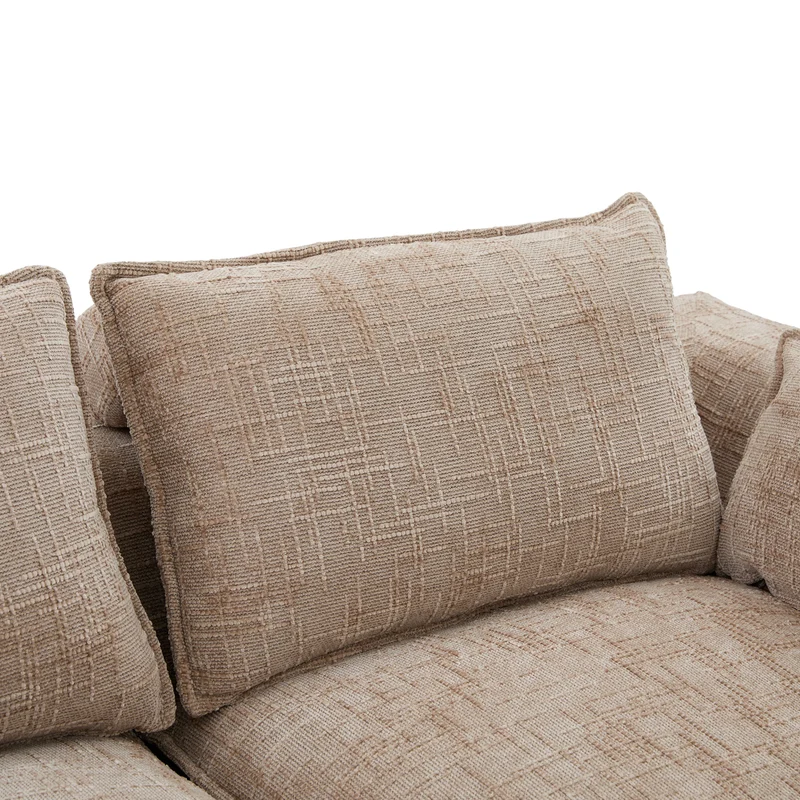Canapé modulable 3 places avec pouf et coussins tissu chenille kaki, poches latérales et porte-gobelet BENCHPRIME