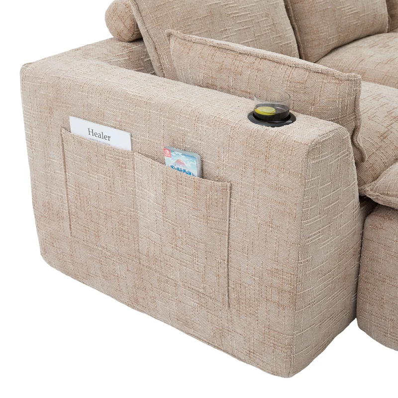 Canapé modulable 3 places avec pouf et coussins tissu chenille kaki, poches latérales et porte-gobelet BENCHPRIME