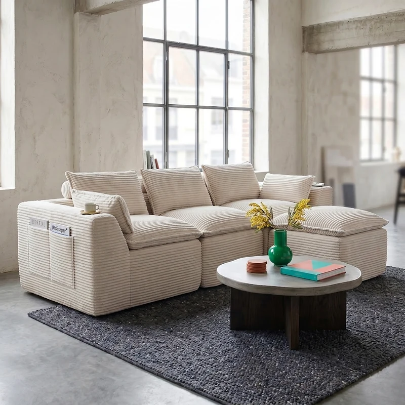 Canapé modulable 3 places avec pouf et coussins tissu chenille beige, poches latérales et porte-gobelet BENCHPOINT