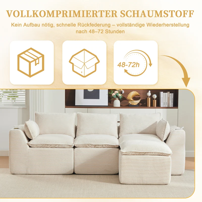 Canapé modulable 3 places avec pouf et coussins tissu chenille beige, poches latérales et porte-gobelet BENCHPOINT