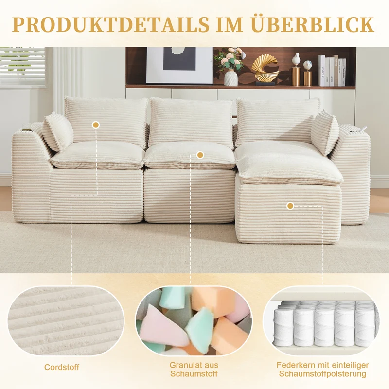 Canapé modulable 3 places avec pouf et coussins tissu chenille beige, poches latérales et porte-gobelet BENCHPOINT