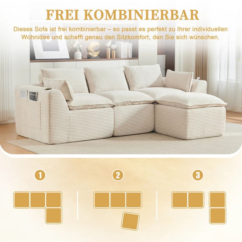 Canapé modulable 3 places avec pouf et coussins tissu chenille beige, poches latérales et porte-gobelet BENCHPOINT