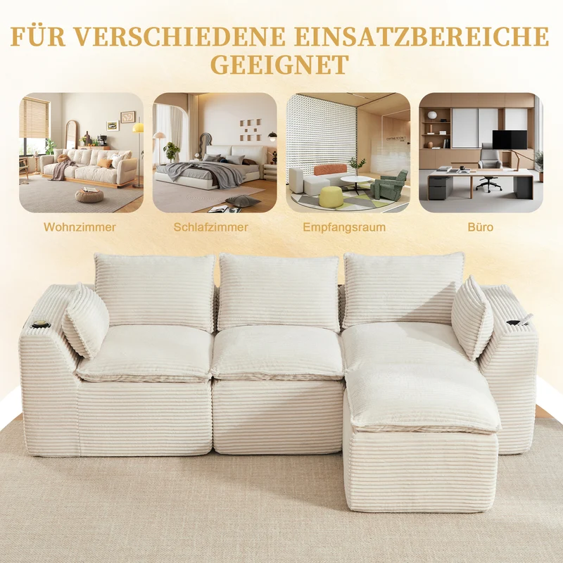 Canapé modulable 3 places avec pouf et coussins tissu chenille beige, poches latérales et porte-gobelet BENCHPOINT