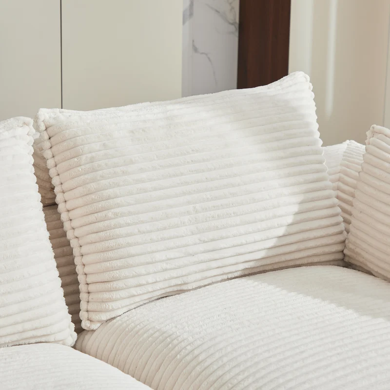 Canapé modulable 3 places avec pouf et coussins tissu chenille beige, poches latérales et porte-gobelet BENCHPOINT