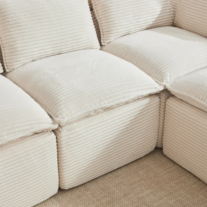 Canapé modulable 3 places avec pouf et coussins tissu chenille beige, poches latérales et porte-gobelet BENCHPOINT