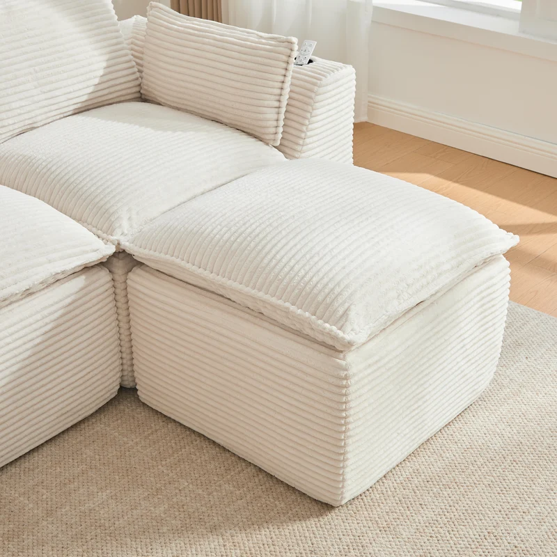 Canapé modulable 3 places avec pouf et coussins tissu chenille beige, poches latérales et porte-gobelet BENCHPOINT
