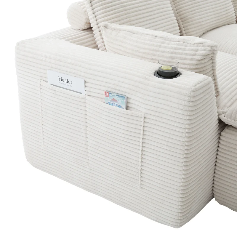 Canapé modulable 3 places avec pouf et coussins tissu chenille beige, poches latérales et porte-gobelet BENCHPOINT
