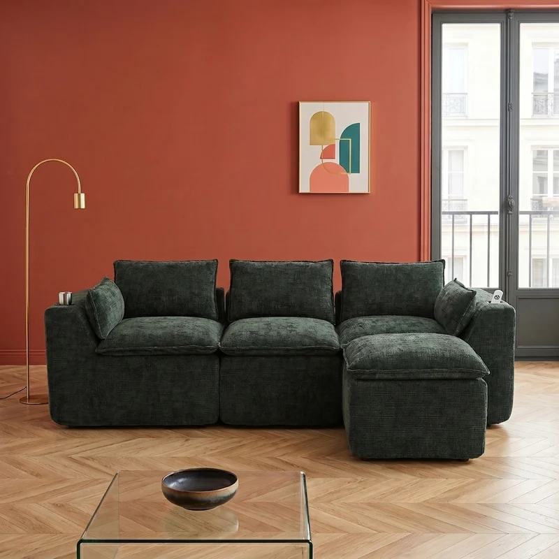 Canapé modulable 3 places avec pouf, tissu chenille vert foncé, coussins inclus, poches latérales et porte-gobelet BENCHPRO
