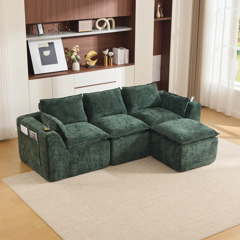 Canapé modulable 3 places avec pouf, tissu chenille vert foncé, coussins inclus, poches latérales et porte-gobelet BENCHPRO