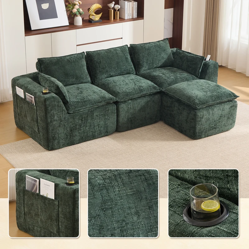 Canapé modulable 3 places avec pouf, tissu chenille vert foncé, coussins inclus, poches latérales et porte-gobelet BENCHPRO