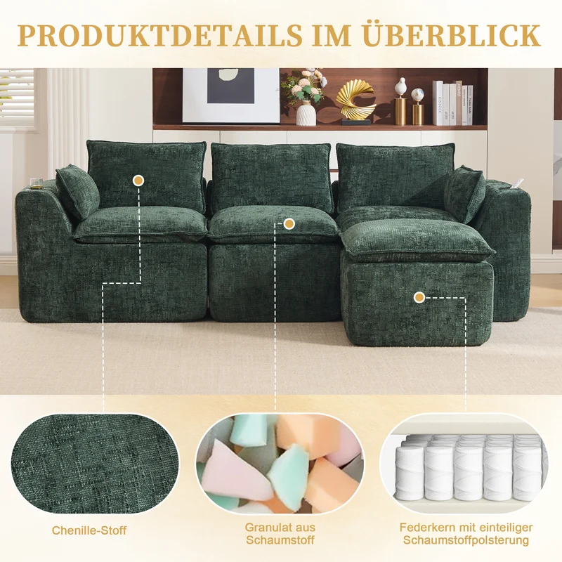 Canapé modulable 3 places avec pouf, tissu chenille vert foncé, coussins inclus, poches latérales et porte-gobelet BENCHPRO