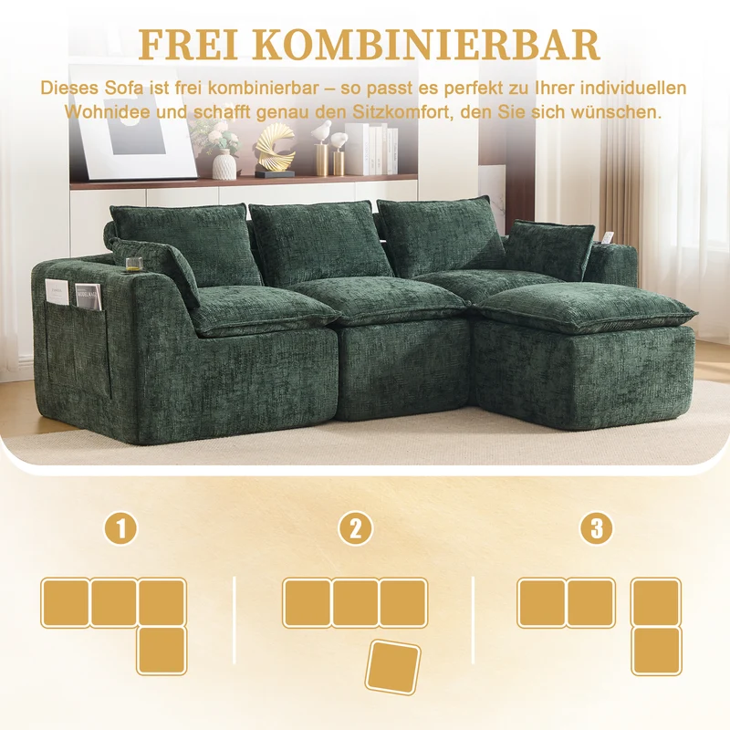 Canapé modulable 3 places avec pouf, tissu chenille vert foncé, coussins inclus, poches latérales et porte-gobelet BENCHPRO