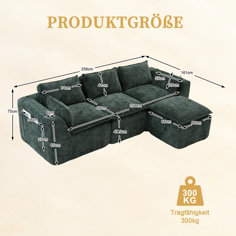 Canapé modulable 3 places avec pouf, tissu chenille vert foncé, coussins inclus, poches latérales et porte-gobelet BENCHPRO