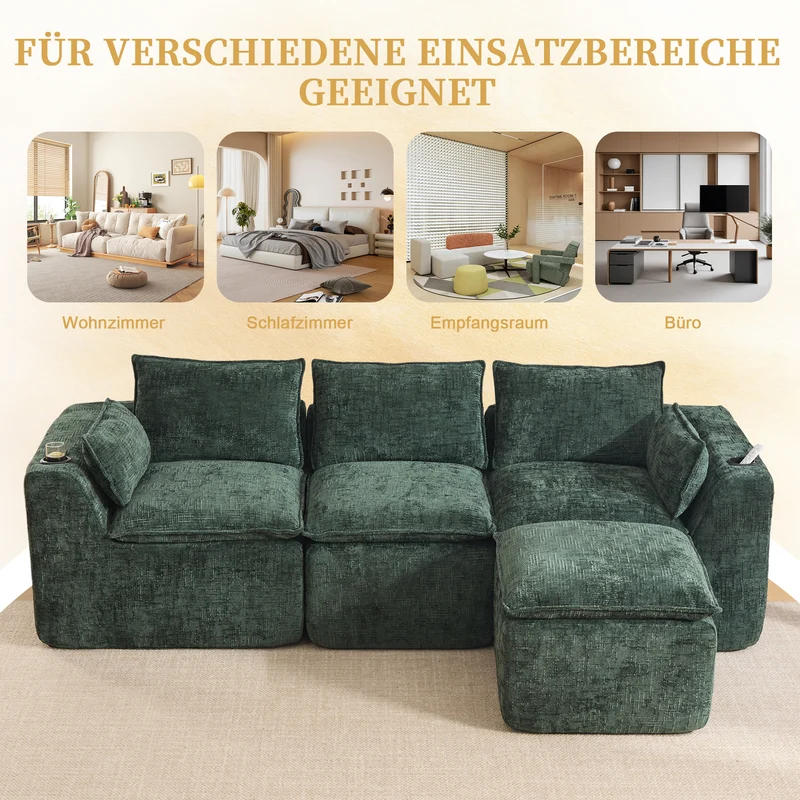 Canapé modulable 3 places avec pouf, tissu chenille vert foncé, coussins inclus, poches latérales et porte-gobelet BENCHPRO