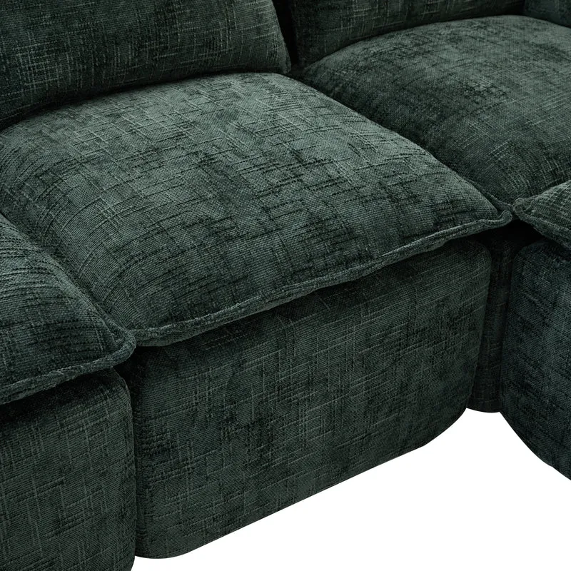 Canapé modulable 3 places avec pouf, tissu chenille vert foncé, coussins inclus, poches latérales et porte-gobelet BENCHPRO