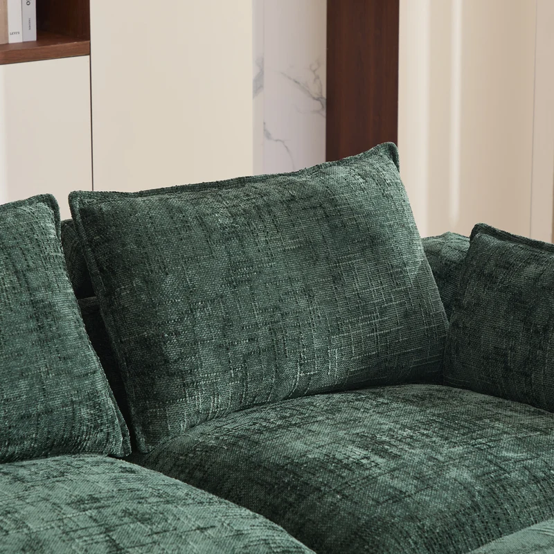 Canapé modulable 3 places avec pouf, tissu chenille vert foncé, coussins inclus, poches latérales et porte-gobelet BENCHPRO