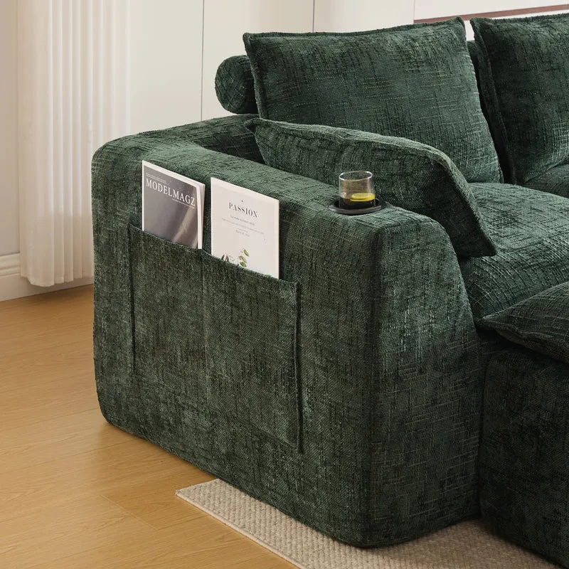 Canapé modulable 3 places avec pouf, tissu chenille vert foncé, coussins inclus, poches latérales et porte-gobelet BENCHPRO