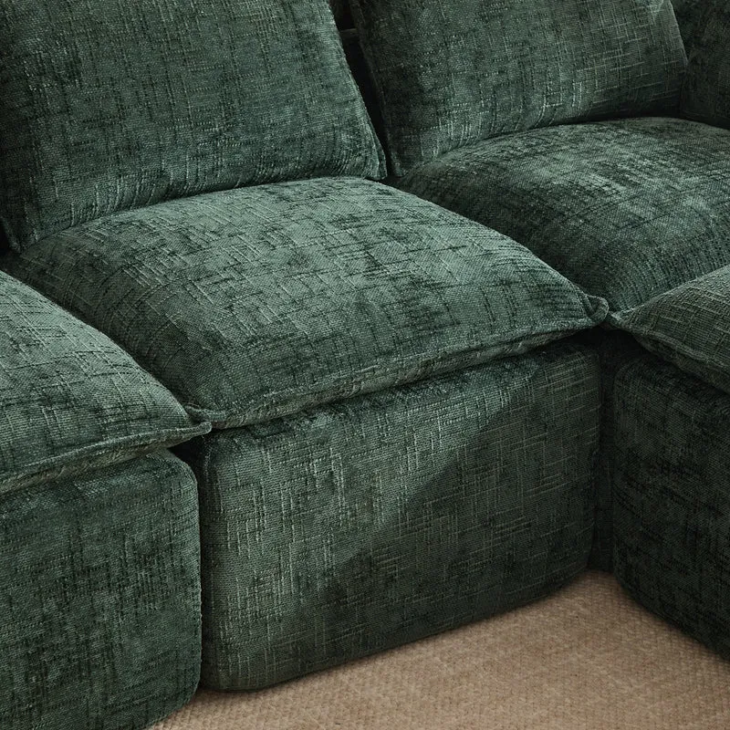 Canapé modulable 3 places avec pouf, tissu chenille vert foncé, coussins inclus, poches latérales et porte-gobelet BENCHPRO