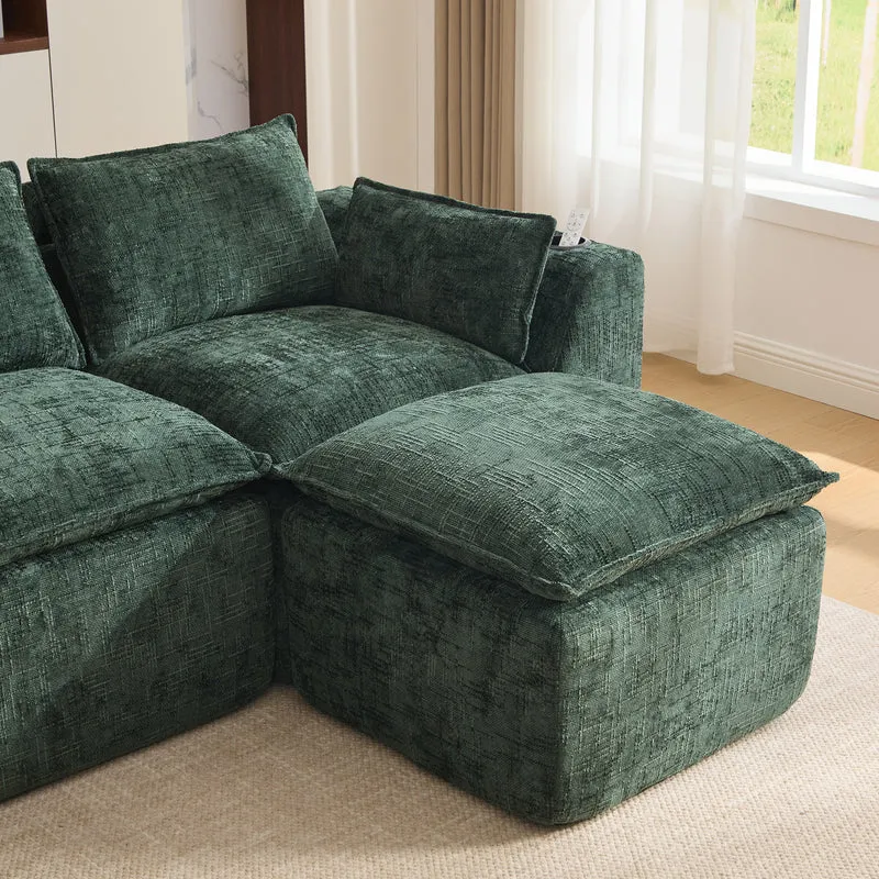 Canapé modulable 3 places avec pouf, tissu chenille vert foncé, coussins inclus, poches latérales et porte-gobelet BENCHPRO