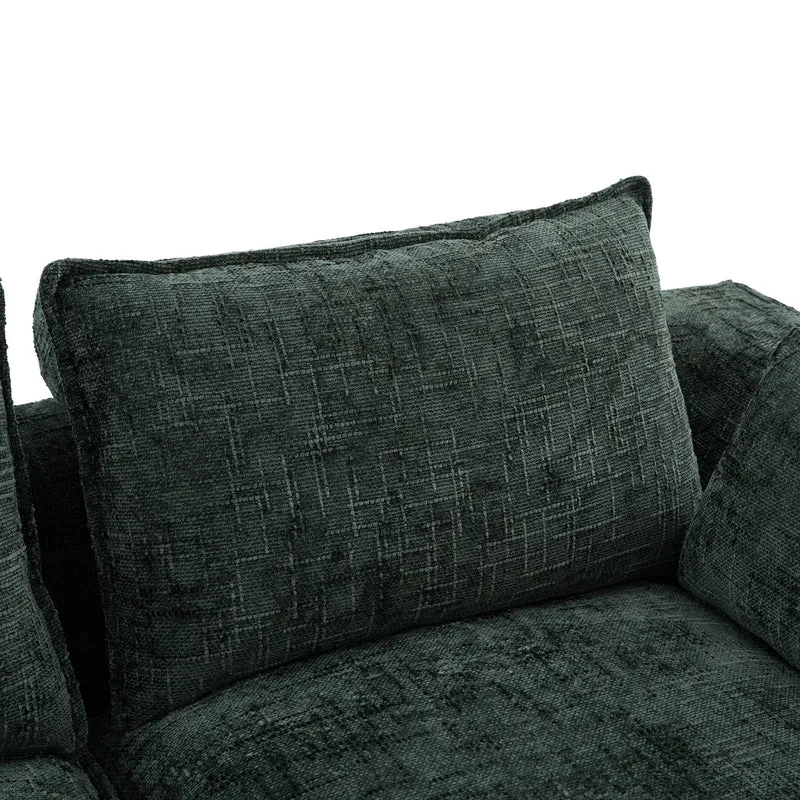Canapé modulable 3 places avec pouf, tissu chenille vert foncé, coussins inclus, poches latérales et porte-gobelet BENCHPRO
