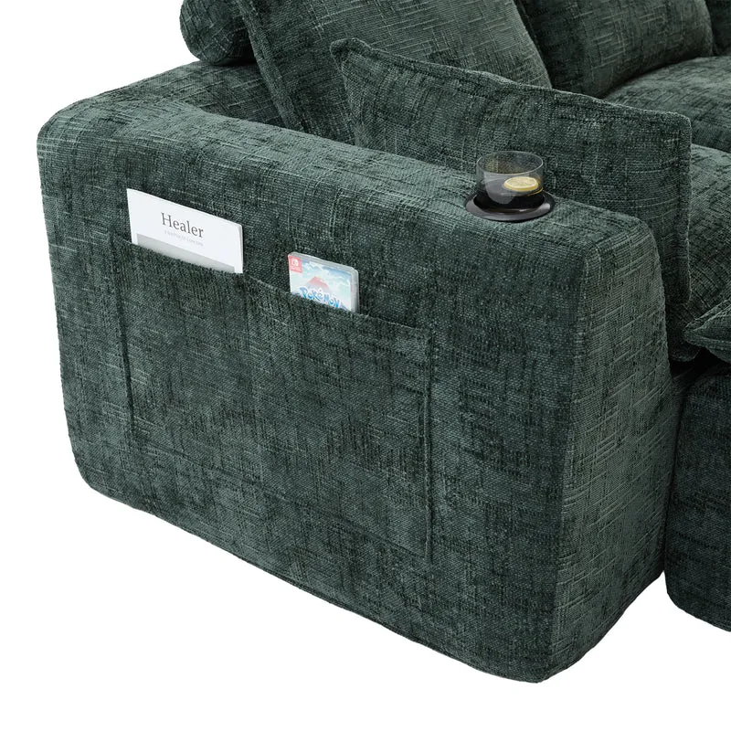 Canapé modulable 3 places avec pouf, tissu chenille vert foncé, coussins inclus, poches latérales et porte-gobelet BENCHPRO
