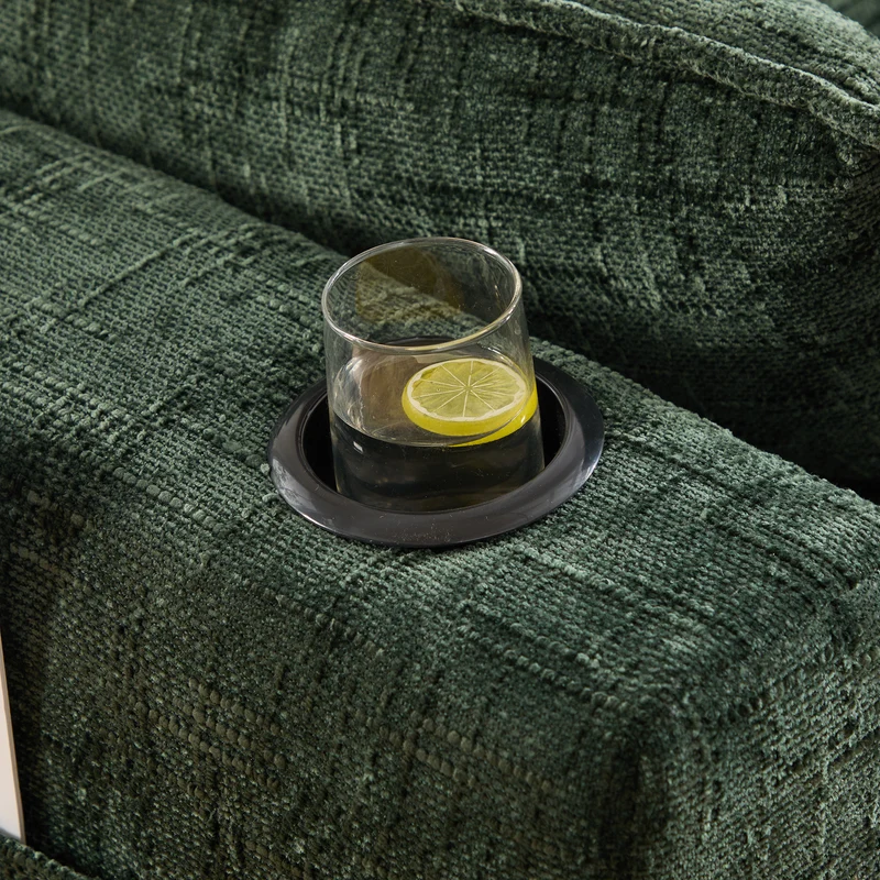 Canapé modulable 3 places avec pouf, tissu chenille vert foncé, coussins inclus, poches latérales et porte-gobelet BENCHPRO
