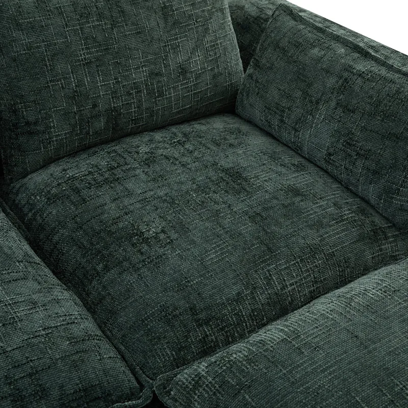Canapé modulable 3 places avec pouf, tissu chenille vert foncé, coussins inclus, poches latérales et porte-gobelet BENCHPRO