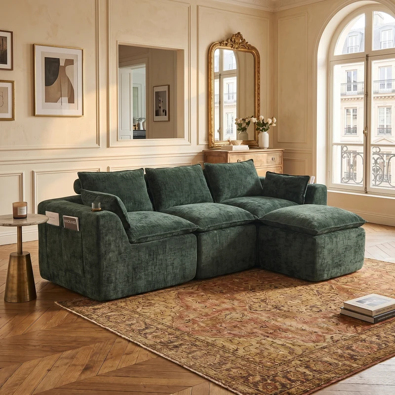 Canapé modulable 3 places avec pouf, tissu chenille vert foncé, coussins inclus, poches latérales et porte-gobelet BENCHPRO