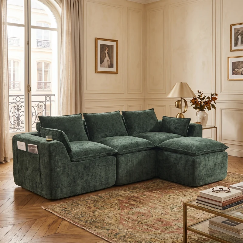 Canapé modulable 3 places avec pouf, tissu chenille vert foncé, coussins inclus, poches latérales et porte-gobelet BENCHPRO