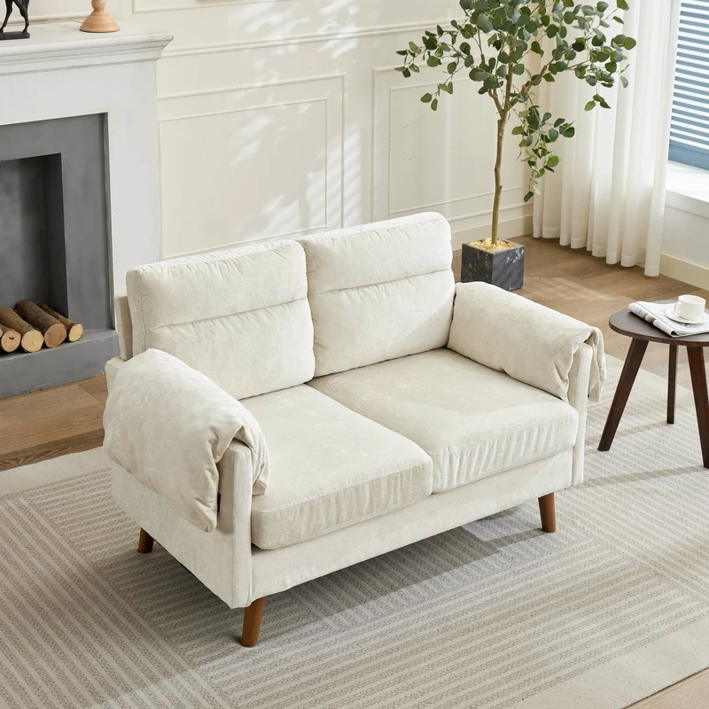 Canapé 2 places compact en chenille douce beige 124x70x85cm BIRCHTHROW
