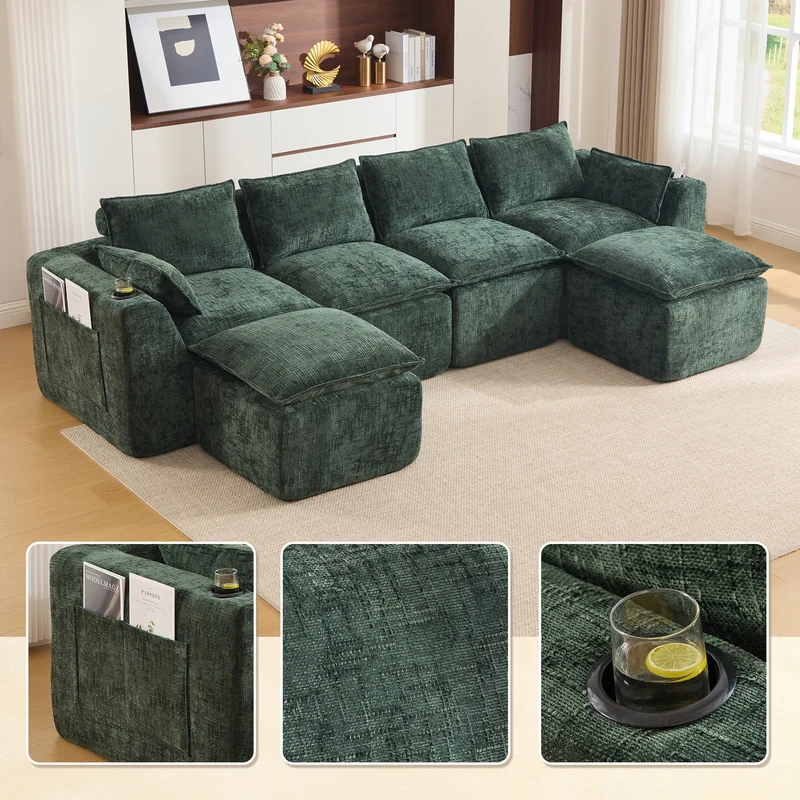 Canapé panoramique modulable 4 places vert foncé en tissu chenille avec 2 poufs, coussins, porte-gobelets et poches latérales BENCHSTONE