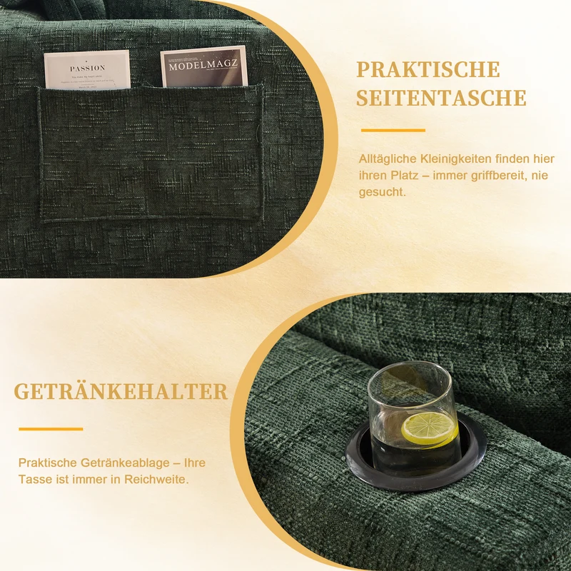 Canapé panoramique modulable 4 places vert foncé en tissu chenille avec 2 poufs, coussins, porte-gobelets et poches latérales BENCHSTONE