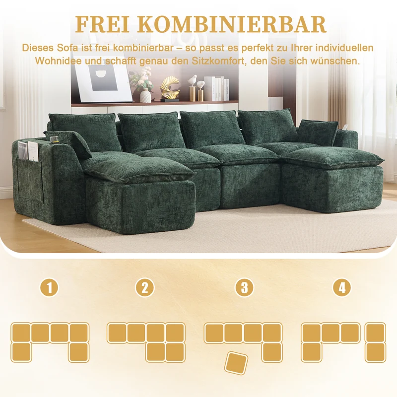 Canapé panoramique modulable 4 places vert foncé en tissu chenille avec 2 poufs, coussins, porte-gobelets et poches latérales BENCHSTONE