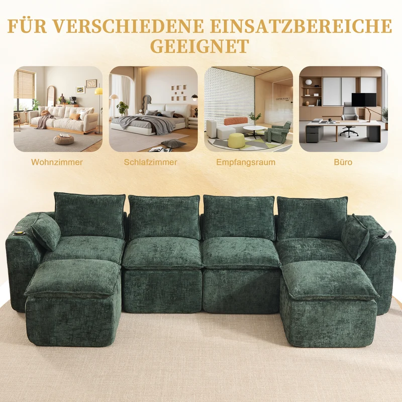 Canapé panoramique modulable 4 places vert foncé en tissu chenille avec 2 poufs, coussins, porte-gobelets et poches latérales BENCHSTONE