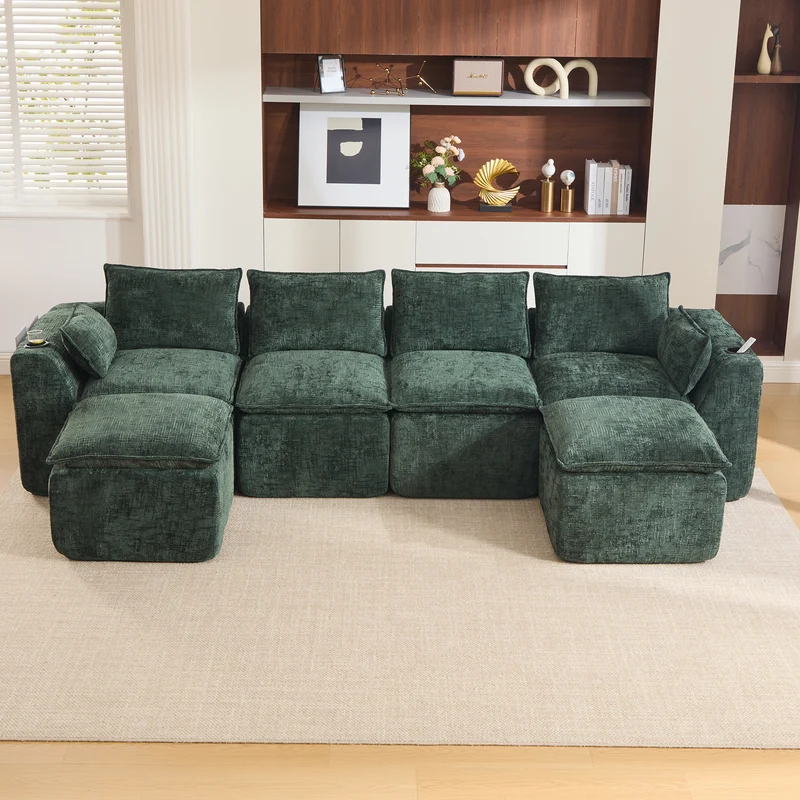 Canapé panoramique modulable 4 places vert foncé en tissu chenille avec 2 poufs, coussins, porte-gobelets et poches latérales BENCHSTONE