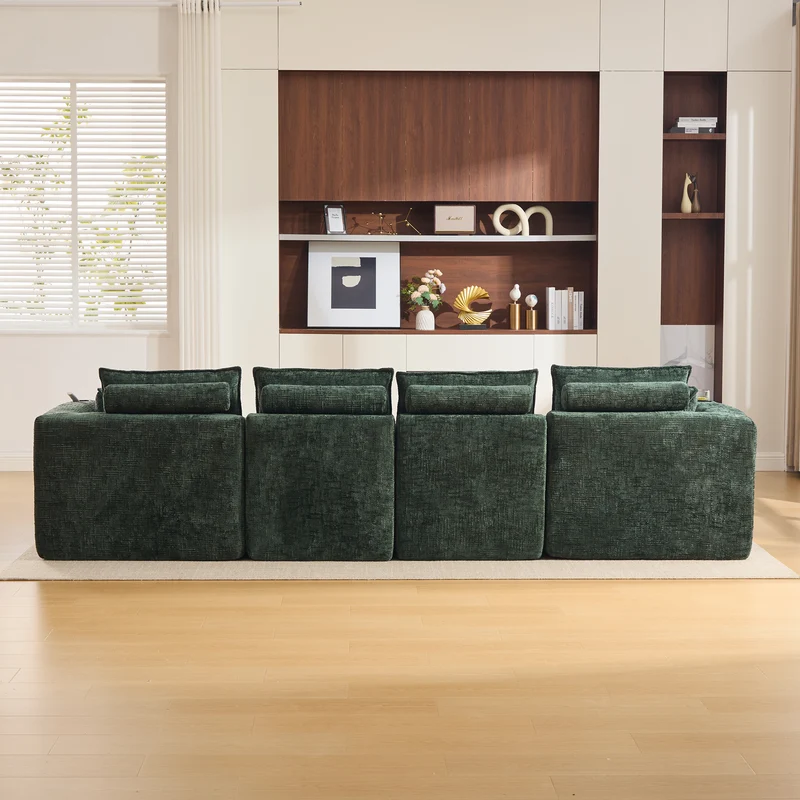 Canapé panoramique modulable 4 places vert foncé en tissu chenille avec 2 poufs, coussins, porte-gobelets et poches latérales BENCHSTONE