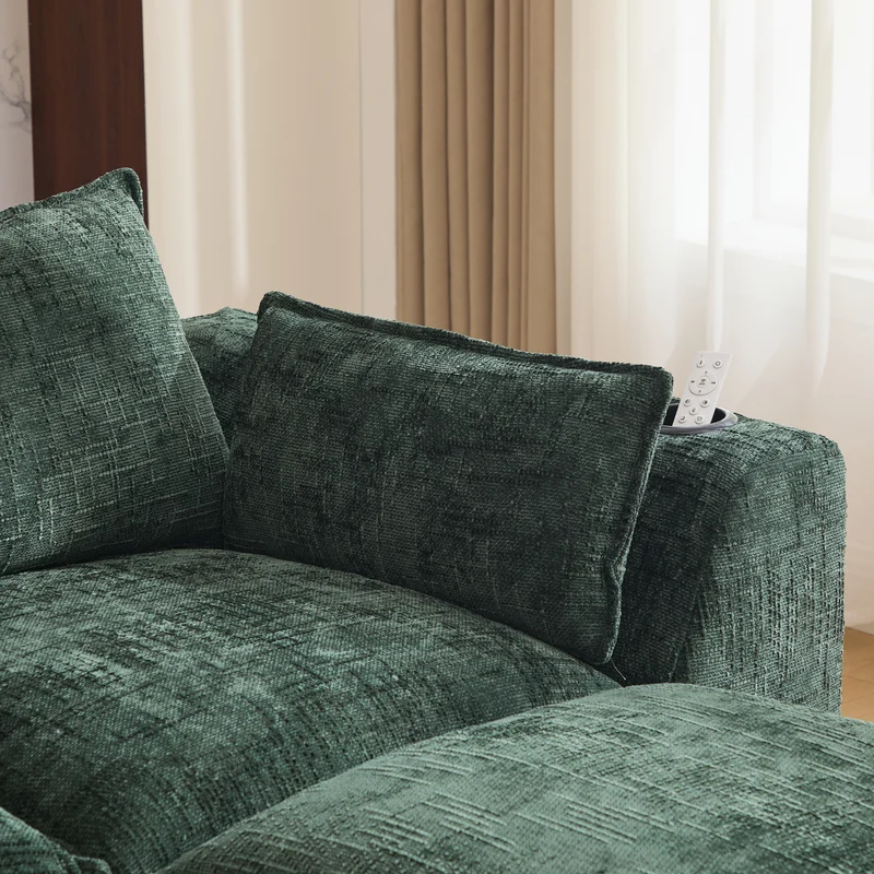 Canapé panoramique modulable 4 places vert foncé en tissu chenille avec 2 poufs, coussins, porte-gobelets et poches latérales BENCHSTONE