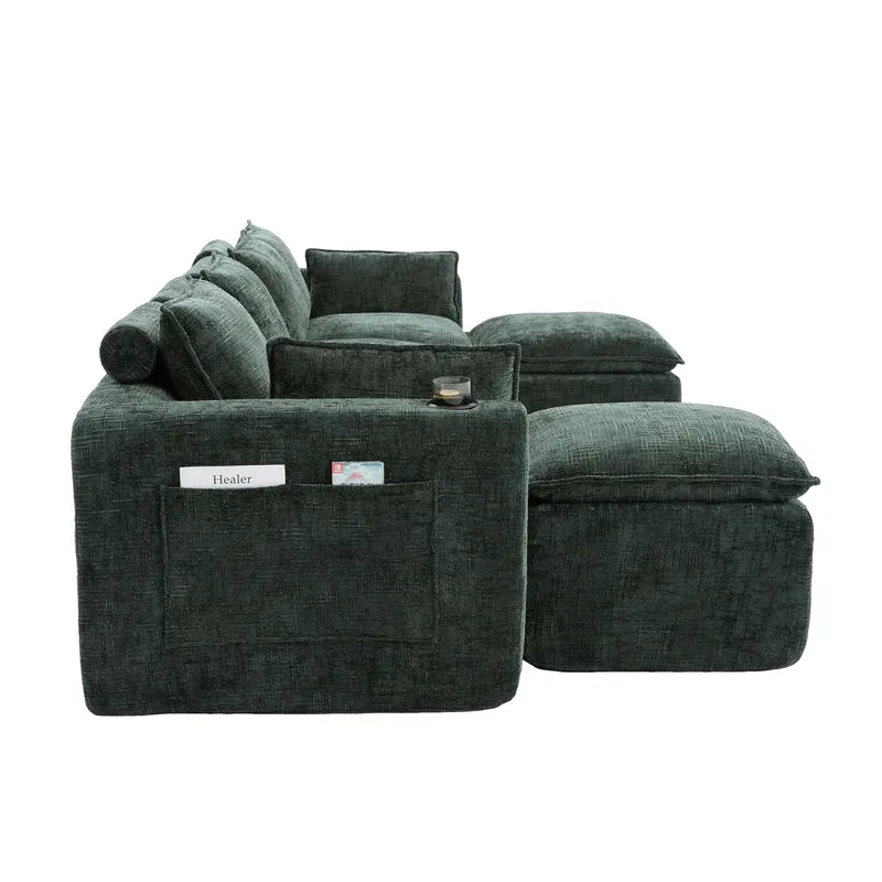 Canapé panoramique modulable 4 places vert foncé en tissu chenille avec 2 poufs, coussins, porte-gobelets et poches latérales BENCHSTONE