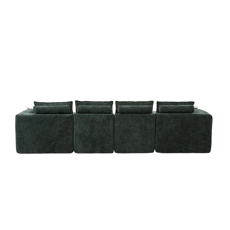 Canapé panoramique modulable 4 places vert foncé en tissu chenille avec 2 poufs, coussins, porte-gobelets et poches latérales BENCHSTONE