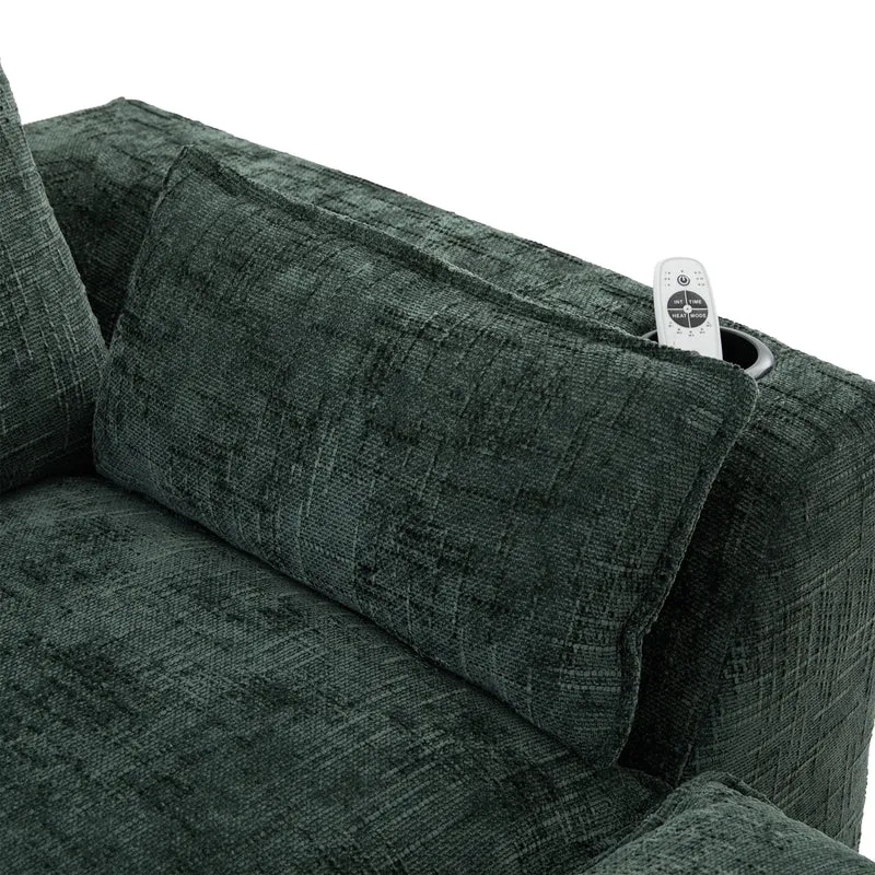 Canapé panoramique modulable 4 places vert foncé en tissu chenille avec 2 poufs, coussins, porte-gobelets et poches latérales BENCHSTONE