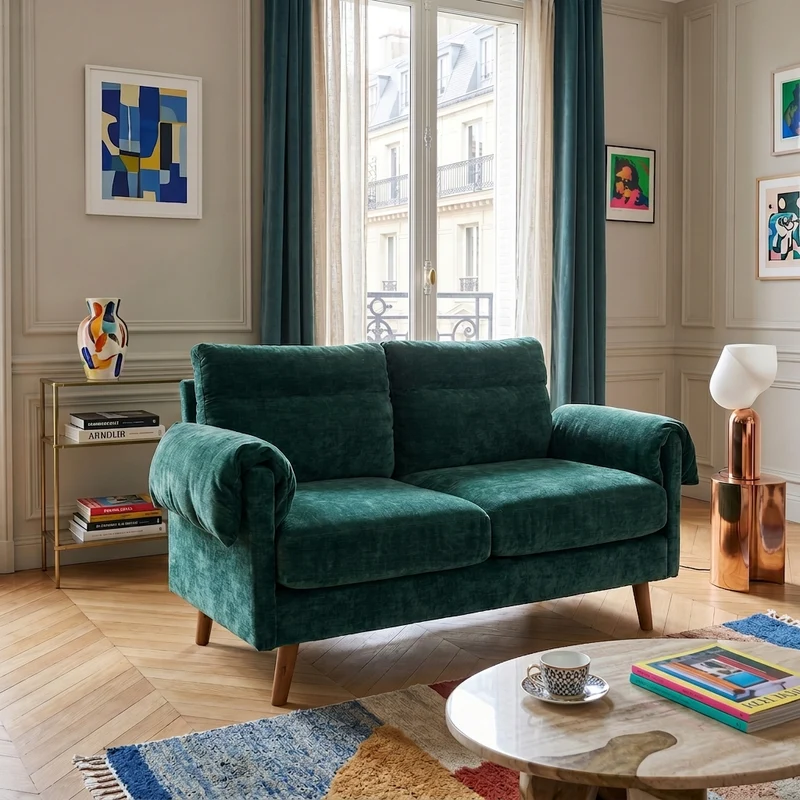 Canapé 2 places compact en chenille douce vert émeraude 124x70x85cm BIRCHSTYLE