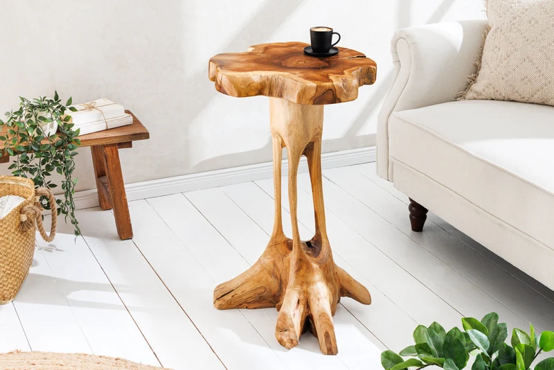Table d'appoint en bois massif ROOT 70cm en teck naturel en bois de racine au design sur pilotis