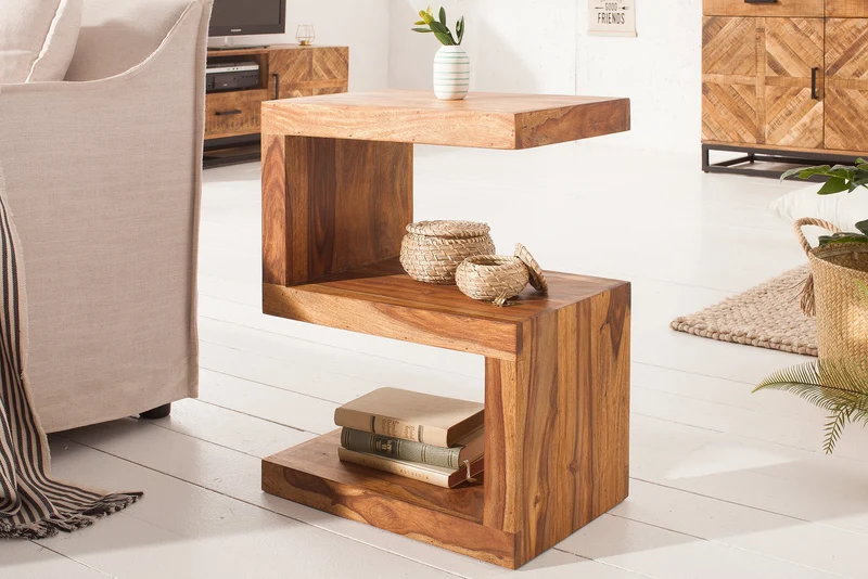 Table d'appoint artisanale S 60cm en bois massif de Sheesham marron finition pierre étagère